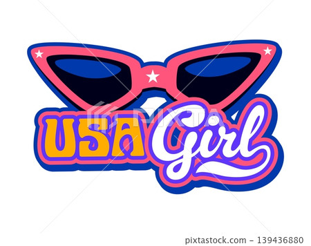 USA girl retro Y2K sticker or patch. American nation flag colors retro vector sticker, United States of America vintage patch. USA patriotic Y2K tag or label with pink sunglasses, colorful typography USA girl retro Y2K sticker or patch. American nation flag colors retro vector sticker, United States of America vintage patch. USA patriotic Y2K tag or label with pink sunglasses, colorful typography 139436880