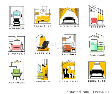 Home interior icons with vector furniture, lamps and room decor in house. Abstract minimalist line symbols of modern room interiors with chairs, sofa, armchair and picture, chandelier, table and couch Home interior icons with vector furniture, lamps and room decor in house. Abstract minimalist line symbols of modern room interiors with chairs, sofa, armchair and picture, chandelier, table and couch 139436925