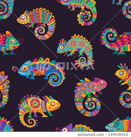 Mexican chameleon animals seamless pattern. African chameleon seamless backdrop, Madagascar animal fabric print. Mexican pattern with ornate rainforest jungle chameleon lizards with floral ornaments Mexican chameleon animals seamless pattern. African chameleon seamless backdrop, Madagascar animal fabric print. Mexican pattern with ornate rainforest jungle chameleon lizards with floral ornaments 139436928