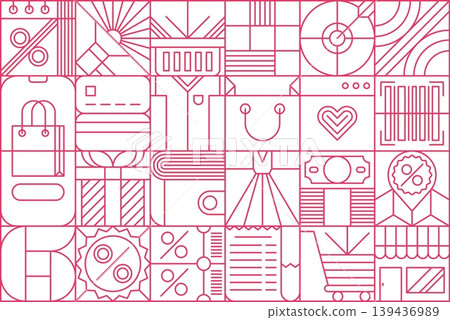 Modern geometric sale and retail bauhaus pattern. Retail discount Bauhaus geometric backdrop, shop sale background. Store price off pattern with shopping bag, gift box, shop receipt and sale coupon Modern geometric sale and retail bauhaus pattern. Retail discount Bauhaus geometric backdrop, shop sale background. Store price off pattern with shopping bag, gift box, shop receipt and sale coupon 139436989