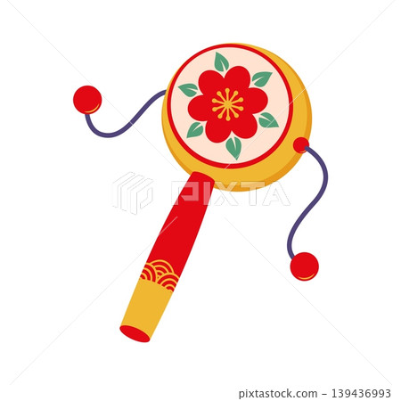 Japanese New Year pellet drum toy icon featuring a red floral plum blossom motif with dual beads on strings. Traditional festival hand drum symbol evoking Asian celebration, luck and playful rhythm Japanese New Year pellet drum toy icon featuring a red floral plum blossom motif with dual beads on strings. Traditional festival hand drum symbol evoking Asian celebration, luck and playful rhythm 139436993