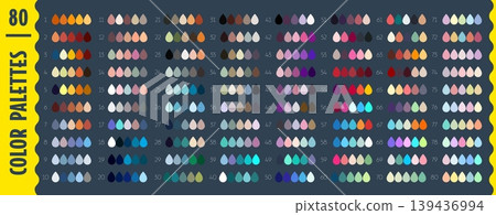 Drop shape rgb scheme swatches, color cool, warm and vibrant harmony palette chart displaying light hues, tones, shades and gradients for color selection, creative inspiration and palette comparison 139436994