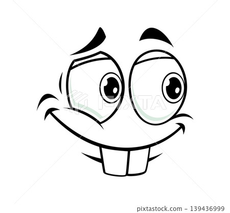 Cartoon funny face with big expressive eyes, wide smile and buckteeth. Playful comic character emotion and expression face showing joy and humor. Vector black outline emoticon, cheerful mood personage Cartoon funny face with big expressive eyes, wide smile and buckteeth. Playful comic character emotion and expression face showing joy and humor. Vector black outline emoticon, cheerful mood personage 139436999