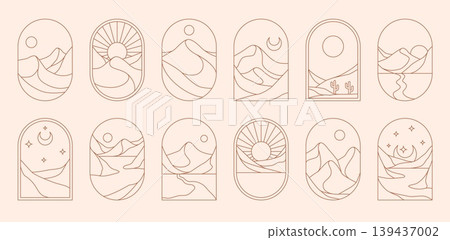 Desert mountains landscape boho icons, aesthetic window frames. Vector linear sun, moon and stars, cactus, dunes and flowing lines evoking calm adventurous outdoor travel and natural horizon scenes 139437002