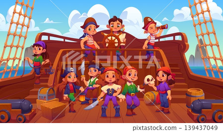 Cartoon funny kids pirates on wooden ship deck, corsairs crew members with swords, map, treasure chest and spyglass. Vector nautical adventurous scene with young swashbucklers ready for treasure hunt Cartoon funny kids pirates on wooden ship deck, corsairs crew members with swords, map, treasure chest and spyglass. Vector nautical adventurous scene with young swashbucklers ready for treasure hunt 139437049