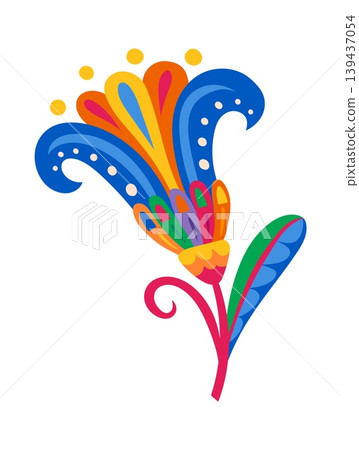 Mexican folklore traditional abstract flower object with blue red and orange petals. Mexico ethnic plant object, Hispanic culture floral isolated vector decor. Mexican flower decoration 139437054