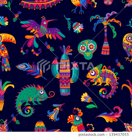 Mexican characters objects seamless pattern. Mexican nature pattern, Latin American seamless background. Mexico textile backdrop with ornate skull, palm tree, chameleon, parrot, toucan and hummingbird Mexican characters objects seamless pattern. Mexican nature pattern, Latin American seamless background. Mexico textile backdrop with ornate skull, palm tree, chameleon, parrot, toucan and hummingbird 139437055