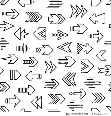 Arrow signs seamless pattern or print. Navigation pointers line background, direction button outline backdrop. Download arrow lineart seamless pattern or move cursor linear print 139437056
