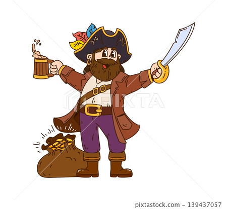 Cartoon pirate character holding beer mug and dagger. Funny groovy corsair sailor with beard and sack of gold coins. Sea robber personage for pirate party posters, invitations and decorations Cartoon pirate character holding beer mug and dagger. Funny groovy corsair sailor with beard and sack of gold coins. Sea robber personage for pirate party posters, invitations and decorations 139437057