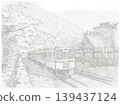 Traditional Japanese railway station in rural countryside scenery pencil sketch 139437124