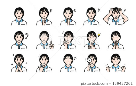 A set of various facial expressions of young female staff members wearing polo shirts. A set of various facial expressions of young female staff members wearing polo shirts. 139437261