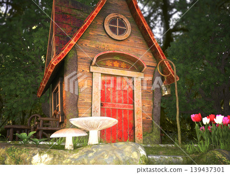 3D Enchanted Fairy House with Mushrooms and Tulips 3D Enchanted Fairy House with Mushrooms and Tulips 139437301