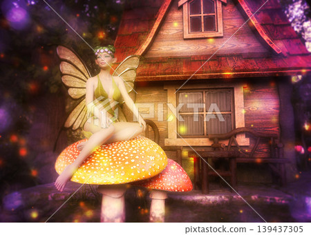 3D Fairy House with Fairy and Mushrooms in Forest 3D Fairy House with Fairy and Mushrooms in Forest 139437305