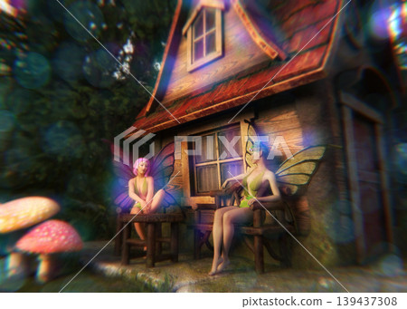 3D Fairy House with Fairy and Mushrooms in Forest 3D Fairy House with Fairy and Mushrooms in Forest 139437308