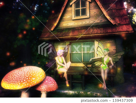 3D Fairy House with Fairy and Mushrooms in Forest 3D Fairy House with Fairy and Mushrooms in Forest 139437309