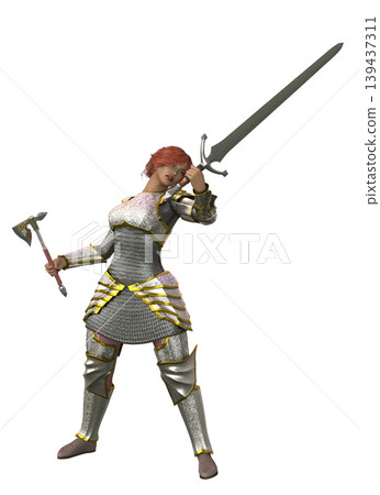 3D Female Warrior in Armor with Sword and Axe 3D Female Warrior in Armor with Sword and Axe 139437311