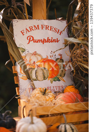 Rustic Pumpkin Patch with Hay and Farmhouse Decorations Rustic Pumpkin Patch with Hay and Farmhouse Decorations 139437379
