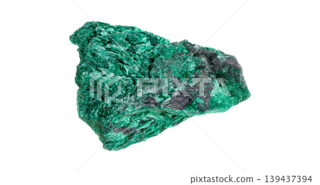 Vibrant green malachite crystal specimen with rich banding patterns isolated on white background 139437394