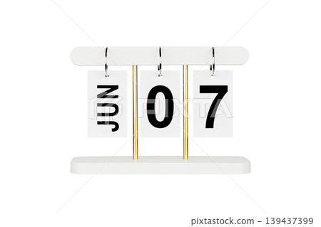 Modern flip calendar with June 07 date isolated on white. Office time management tool icon. Modern flip calendar with June 07 date isolated on white. Office time management tool icon. 139437399