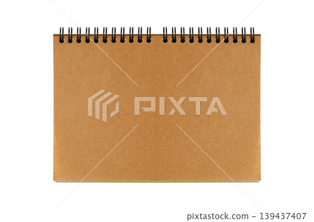 Spiral notebook mockup with blank pages and cardboard cover on white background. Spiral notebook mockup with blank pages and cardboard cover on white background. 139437407