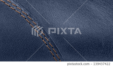 Close-up of Blue genuine leather texture with double stitching Close-up of Blue genuine leather texture with double stitching 139437422