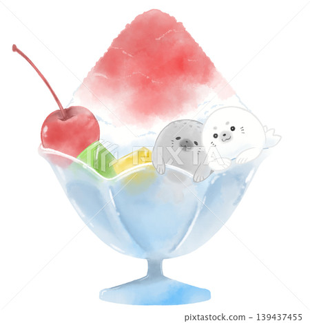 A watercolor-style illustration of shaved ice and a cute seal. A watercolor-style illustration of shaved ice and a cute seal. 139437455