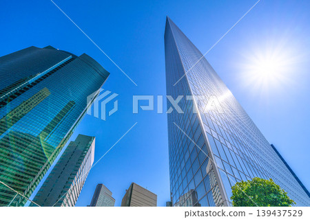 Tokyo cityscape, May 2nd. A ray of hope for a new era…views of Dentsu and the Shiodome office district. Tokyo cityscape, May 2nd. A ray of hope for a new era…views of Dentsu and the Shiodome office district. 139437529