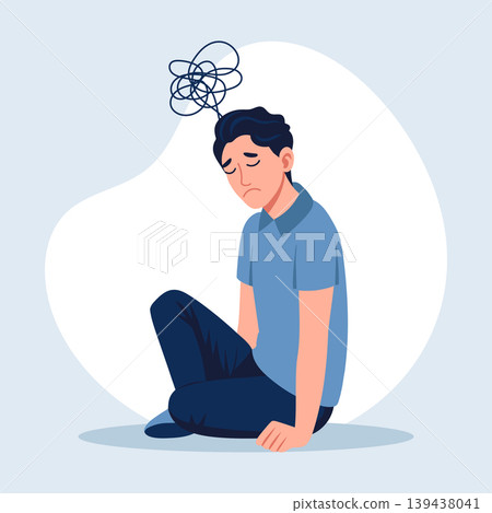 Sad young man with tangled thoughts feeling stressed and anxious. Illustration. Sad young man with tangled thoughts feeling stressed and anxious. Illustration. 139438041