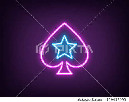 Outline neon poker spade, magenta blue. Neon spade suit with star icon, outline silhouette. Royal poker game, spades ace, play card suit, poker superstar, casino playroom, jackpot. Vector 139438093