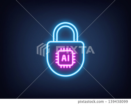 Outline neon AI security, light blue magenta. Neon digital lock with AI chip, cybersecurity control with AI algorithms. Artificial intelligence in data protection system, private safety. Vector Outline neon AI security, light blue magenta. Neon digital lock with AI chip, cybersecurity control with AI algorithms. Artificial intelligence in data protection system, private safety. Vector 139438099