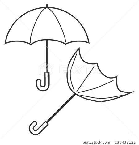 A simple monochrome illustration of an umbrella and a broken umbrella. 139438122