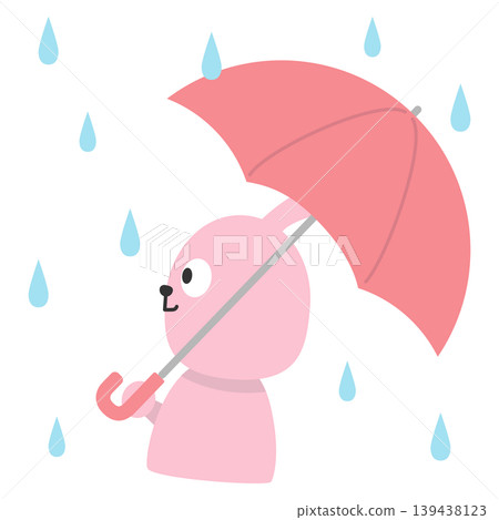 An illustration of a rabbit walking with an umbrella in the rain. 139438123