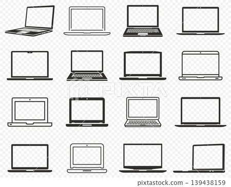 Set of laptop computer icons in various styles including line and solid silhouette shapes isolated on transparent background Set of laptop computer icons in various styles including line and solid silhouette shapes isolated on transparent background 139438159