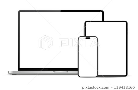 Laptop computer, tablet and mobile phone. Flat lay detailed and realistic devices mockup Laptop computer, tablet and mobile phone. Flat lay detailed and realistic devices mockup 139438160