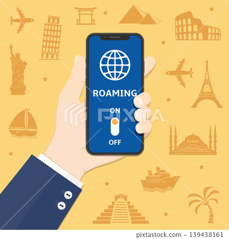 Smartphone in hand with international roaming on screen against world landmarks silhouette background Smartphone in hand with international roaming on screen against world landmarks silhouette background 139438161