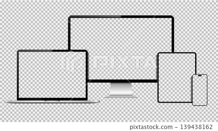 Realistic set of electronic devices, computer screen, laptop, tablet pc and smartphone with empty screen Realistic set of electronic devices, computer screen, laptop, tablet pc and smartphone with empty screen 139438162