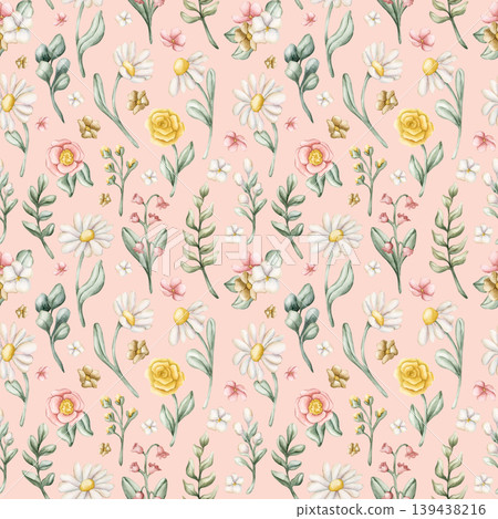 Cute Colourful Meadow Flower Seamless Pattern. Watercolor summer spring bloom floral illustration hand painted isolated on pink background for nursery design fresh print fabric textile wrapping paper Cute Colourful Meadow Flower Seamless Pattern. Watercolor summer spring bloom floral illustration hand painted isolated on pink background for nursery design fresh print fabric textile wrapping paper 139438216