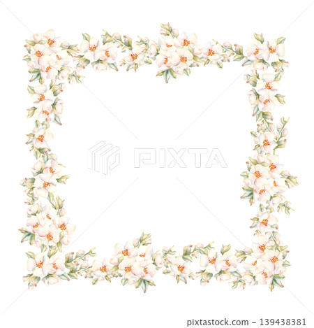 Little White Flower bud leaves Frame Peach Apple Blossom Blooming. Watercolor hand drawn floral illustration isolated on white background home textile fresh fabric cosmetic package porcelain crockery Little White Flower bud leaves Frame Peach Apple Blossom Blooming. Watercolor hand drawn floral illustration isolated on white background home textile fresh fabric cosmetic package porcelain crockery 139438381