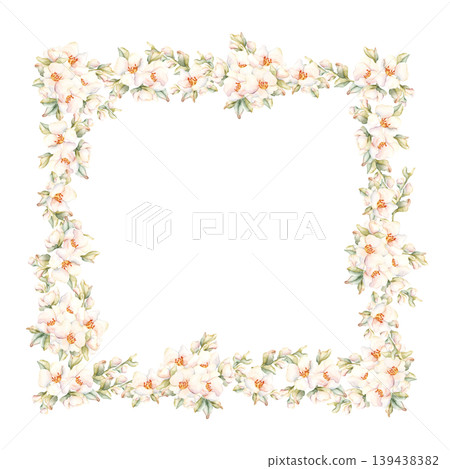 Little White Flower bud leaves Frame Peach Apple Blossom Blooming. Watercolor hand drawn floral illustration isolated on white background home textile fresh fabric cosmetic package porcelain crockery Little White Flower bud leaves Frame Peach Apple Blossom Blooming. Watercolor hand drawn floral illustration isolated on white background home textile fresh fabric cosmetic package porcelain crockery 139438382