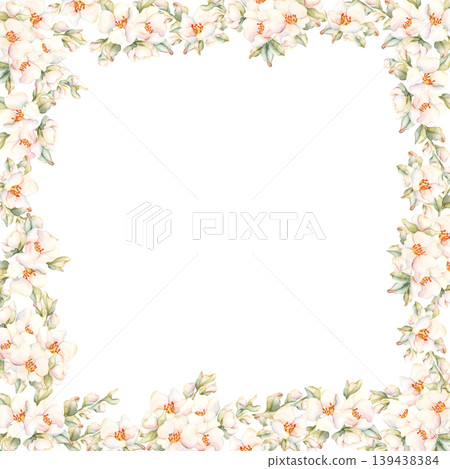 Little White Flower bud leaves Frame Peach Apple Blossom Blooming. Watercolor hand drawn floral illustration isolated on white background home textile fresh fabric cosmetic package porcelain crockery Little White Flower bud leaves Frame Peach Apple Blossom Blooming. Watercolor hand drawn floral illustration isolated on white background home textile fresh fabric cosmetic package porcelain crockery 139438384