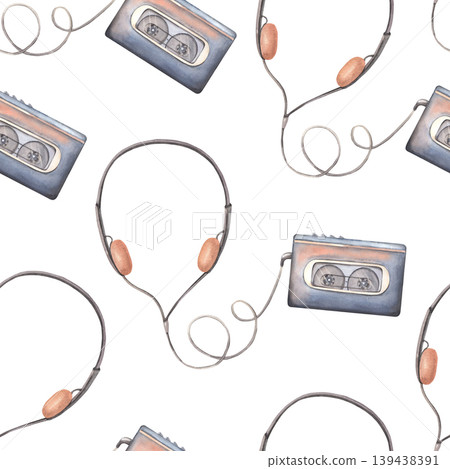 Cassette player, headphones, seamless pattern. Hand-painted watercolor illustration isolated on white. Retro accessory for blogs, music branding, retro poster, printing on packaging, clothing, decor Cassette player, headphones, seamless pattern. Hand-painted watercolor illustration isolated on white. Retro accessory for blogs, music branding, retro poster, printing on packaging, clothing, decor 139438391