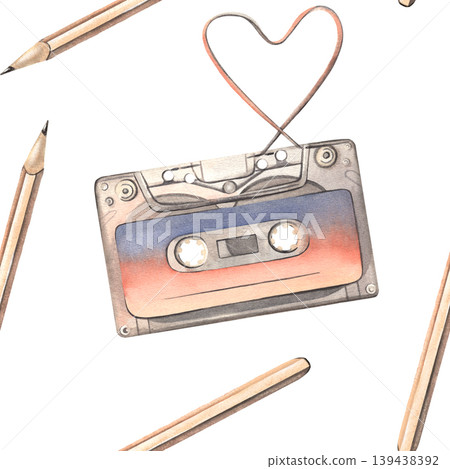 Cassette tape, ribbon shaped as heart, pencil seamless pattern. Hand-painted watercolor illustration isolated on white for blogs, music branding, retro poster, printing on packaging, clothing, decor Cassette tape, ribbon shaped as heart, pencil seamless pattern. Hand-painted watercolor illustration isolated on white for blogs, music branding, retro poster, printing on packaging, clothing, decor 139438392