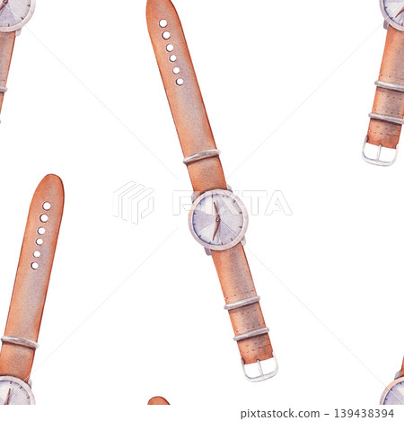Wristwatch with hands and orange strap. Hand-painted watercolor illustration isolated on white for gentlemen, traveling branding, printing on textile, packaging, posters, hipster, fashion design Wristwatch with hands and orange strap. Hand-painted watercolor illustration isolated on white for gentlemen, traveling branding, printing on textile, packaging, posters, hipster, fashion design 139438394