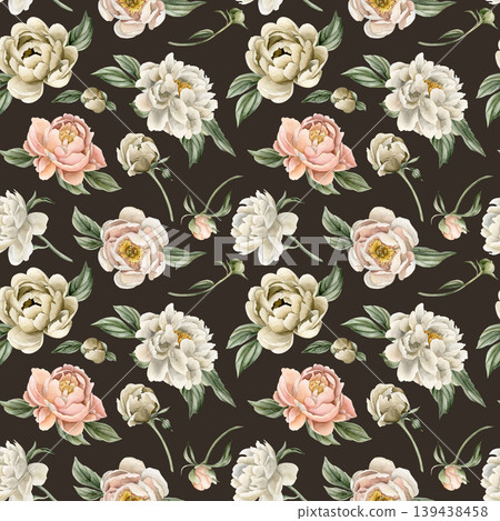 Peonies Flowers Seamless Pattern. Watercolor hand drawn floral illustratoin isolated on dark background for summer design home textile wrapping paper gift boxes fresh fabric print cosmetic package Peonies Flowers Seamless Pattern. Watercolor hand drawn floral illustratoin isolated on dark background for summer design home textile wrapping paper gift boxes fresh fabric print cosmetic package 139438458