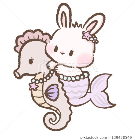 Cute bunny mermaid hugging seahorse clipart pastel underwater ocean fantasy sea life kawaii nursery illustration art 139438549