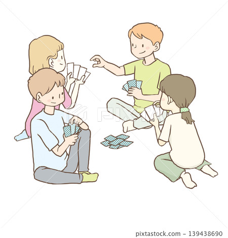 四個人(兩男兩女)正在玩紙牌遊戲。 四個人(兩男兩女)正在玩紙牌遊戲。 139438690