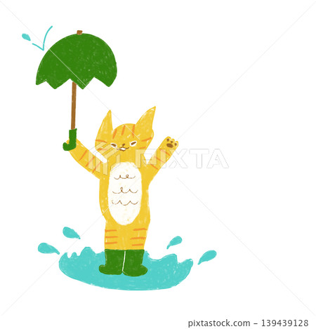 Cat playing in a puddle on a rainy day - Illustration material for children's blogs, social media, and letters. Cat playing in a puddle on a rainy day - Illustration material for children's blogs, social media, and letters. 139439128