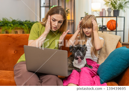 Mother daughter dog laptop error virus glitch restart fix upset tension support troubleshoot family Mother daughter dog laptop error virus glitch restart fix upset tension support troubleshoot family 139439695