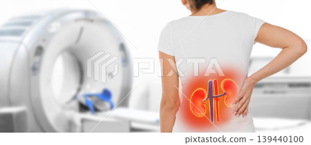 Medicine poster for CT scan kidney. Woman with kidney pain standing near a tomography machine Medicine poster for CT scan kidney. Woman with kidney pain standing near a tomography machine 139440100