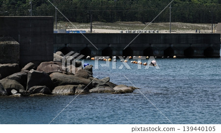 Colorful buoys floating on the breakwater 139440105